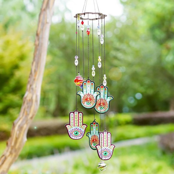 HAMSA Hand Symbol Hanging Beaded Metal Windchime Sun Wind Chime NEW - Picture 1 of 9